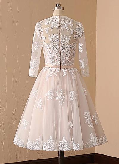 A-Line V-Neck Long Sleeves Lace/Tulle Wedding Dresses With Sash