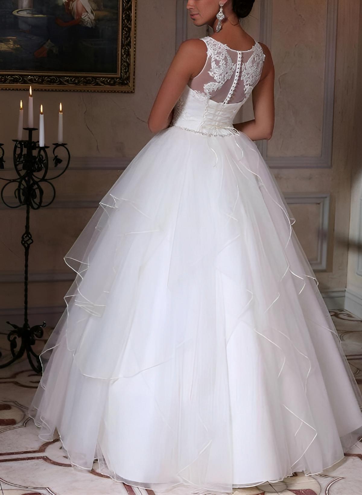 Ball-Gown Scoop Neck Lace/Tulle Wedding Dresses With Cascading Ruffles