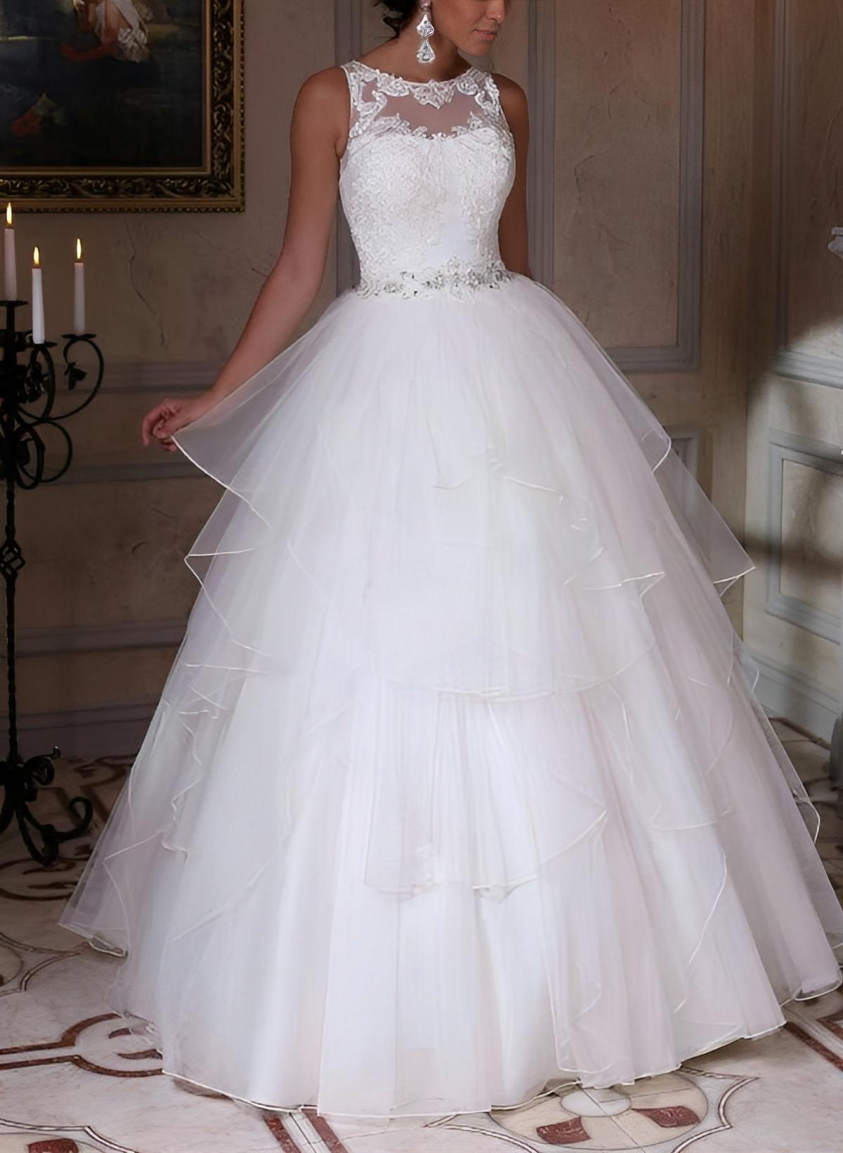 Ball-Gown Scoop Neck Lace/Tulle Wedding Dresses With Cascading Ruffles