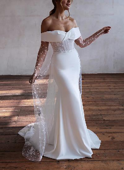 Sheath Off-The-Shoulder Long Sleeves Sweep Train Lace/Elastic Satin Wedding Dresses With Lace