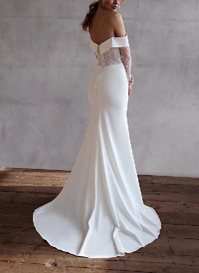 Sheath Off-The-Shoulder Long Sleeves Sweep Train Lace/Elastic Satin Wedding Dresses With Lace