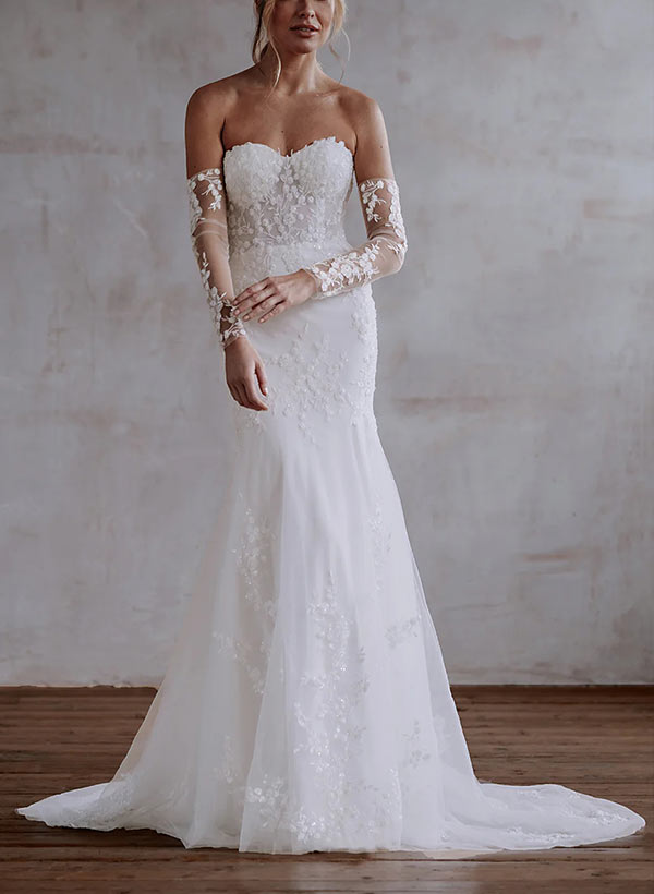 Mermaid Sweetheart Sweep Train Lace/Tulle Wedding Dresses With Appliques Lace
