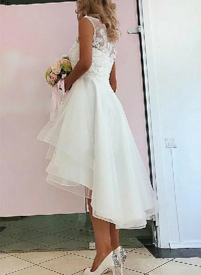 A-Line Illusion Neck Asymmetrical Tulle Wedding Dresses With Appliques Lace