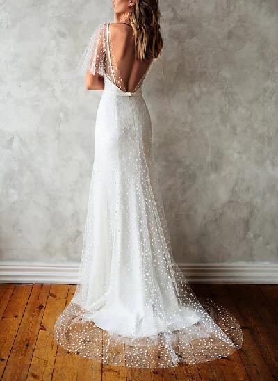 A-Line V-Neck Short Sleeves Sweep Train Lace Wedding Dresses