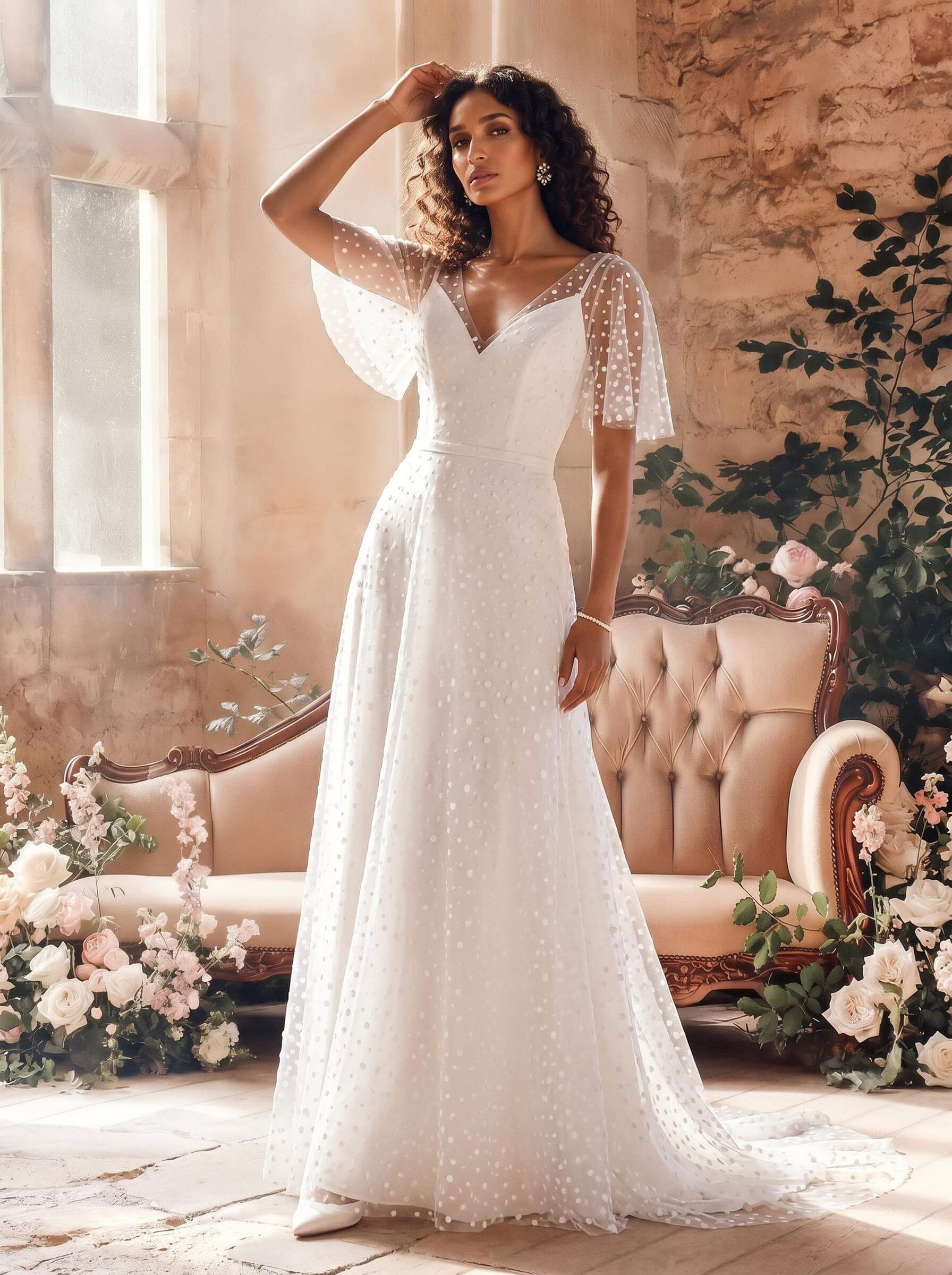 A-Line V-Neck Short Sleeves Sweep Train Lace Wedding Dresses