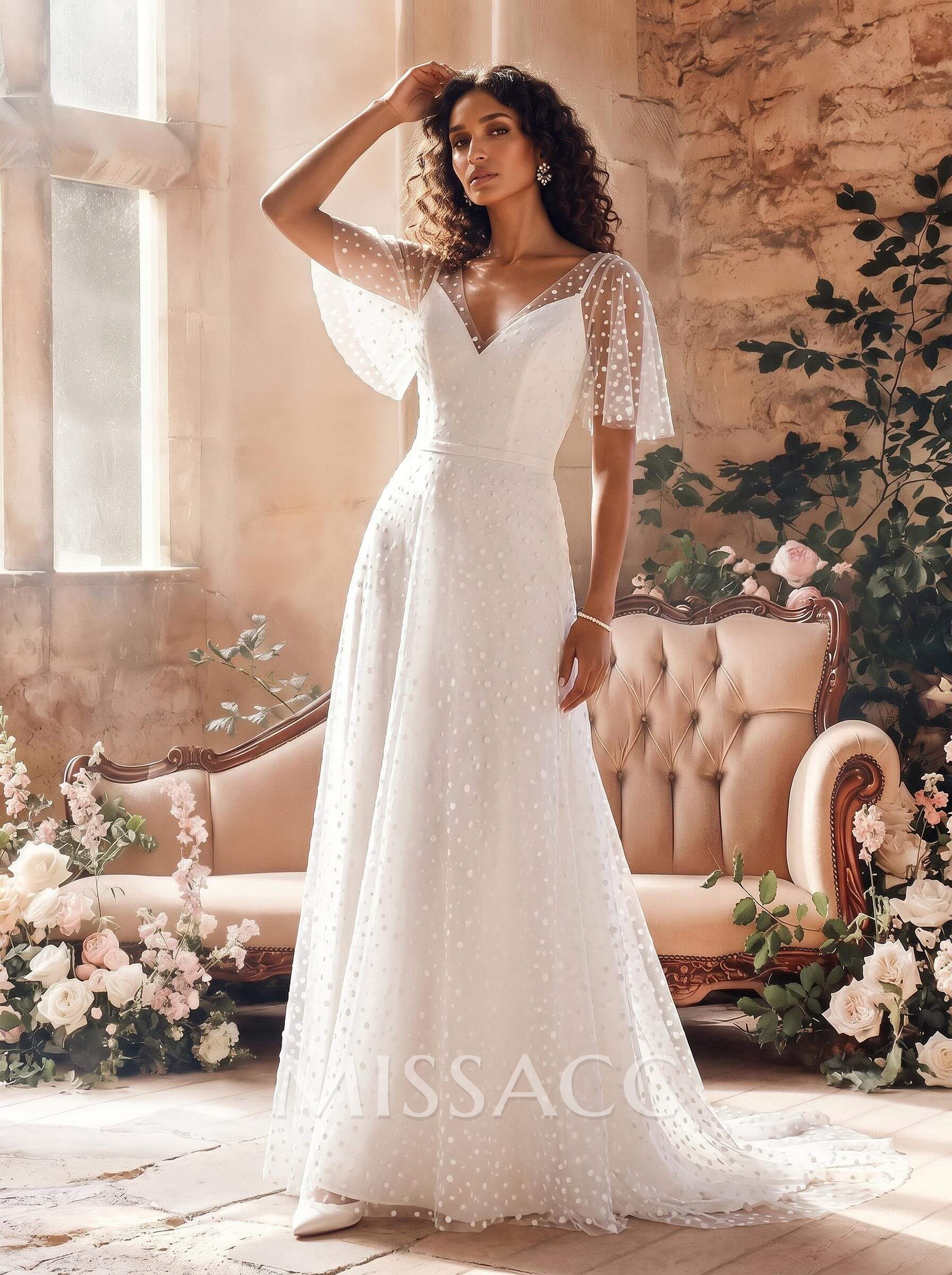 A-Line V-Neck Short Sleeves Sweep Train Lace Wedding Dresses