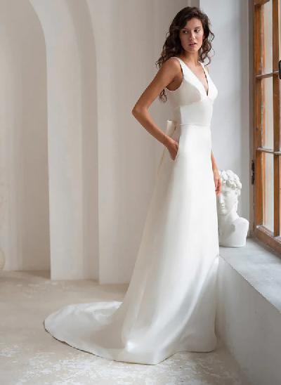 A-Line V-Neck Sleeveless Court Train Satin Wedding Dresses With Bow(s)
