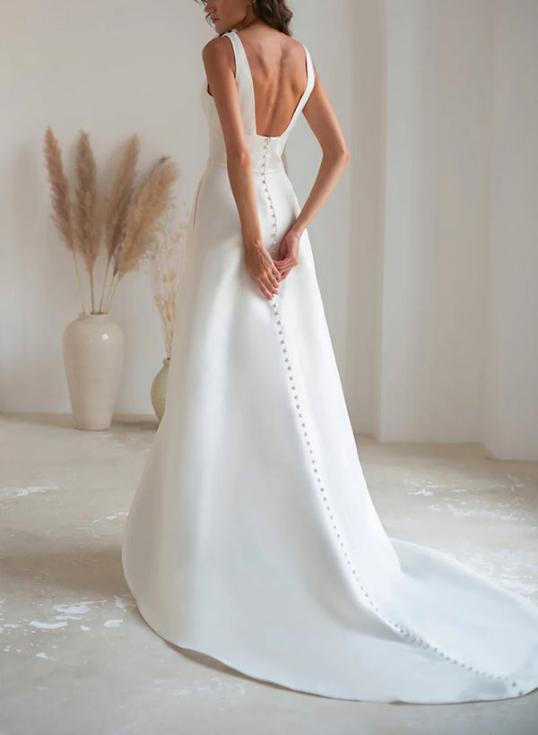 A-Line V-Neck Sleeveless Court Train Satin Wedding Dresses With Bow(s)
