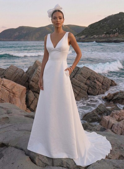 A-Line V-Neck Sleeveless Court Train Satin Wedding Dresses With Bow(s)