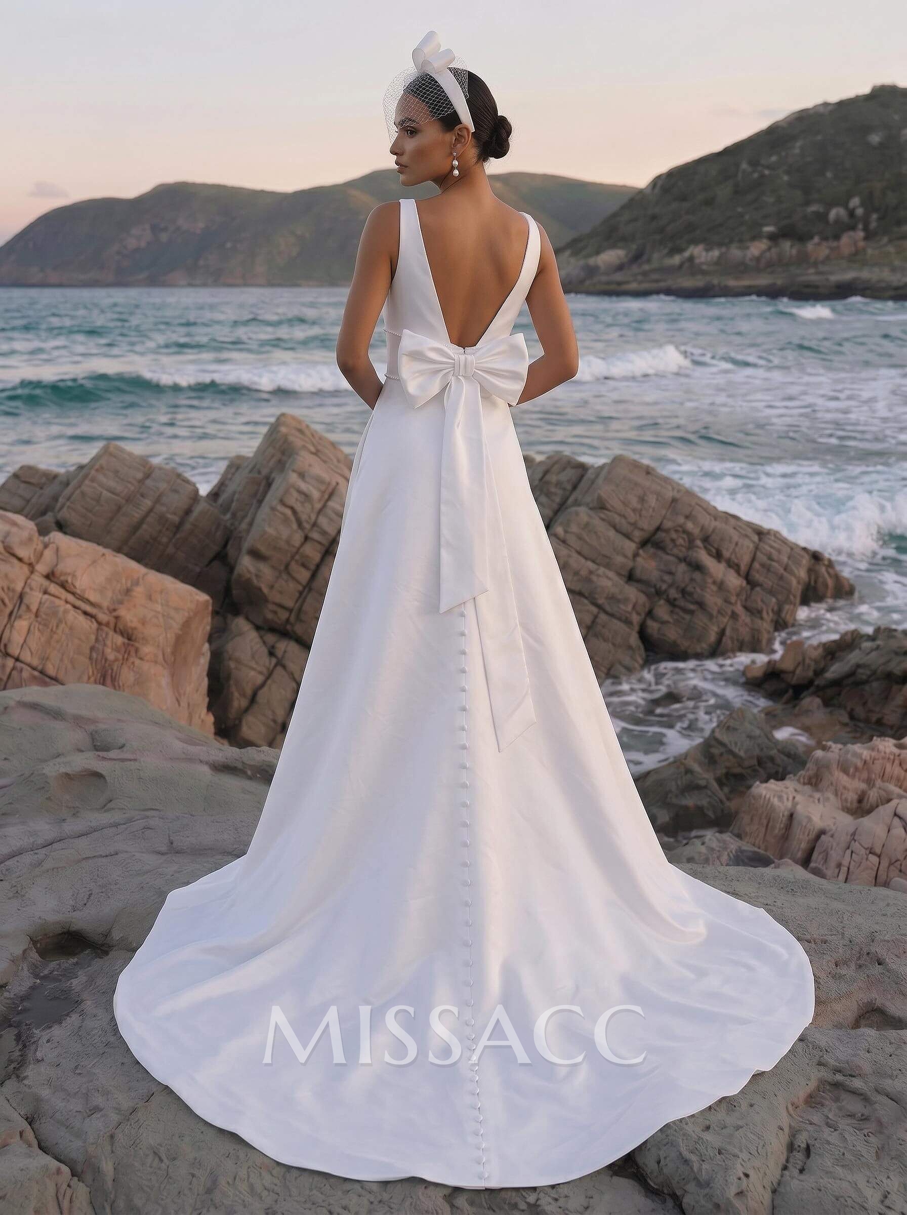 A-Line V-Neck Sleeveless Court Train Satin Wedding Dresses With Bow(s)