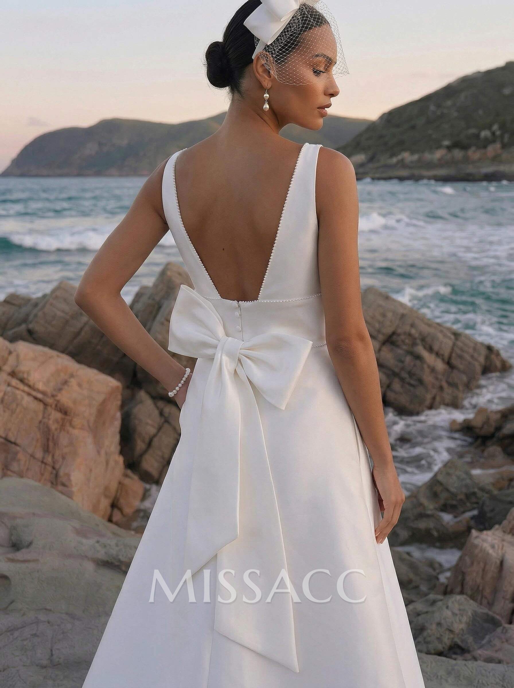 A-Line V-Neck Sleeveless Court Train Satin Wedding Dresses With Bow(s)