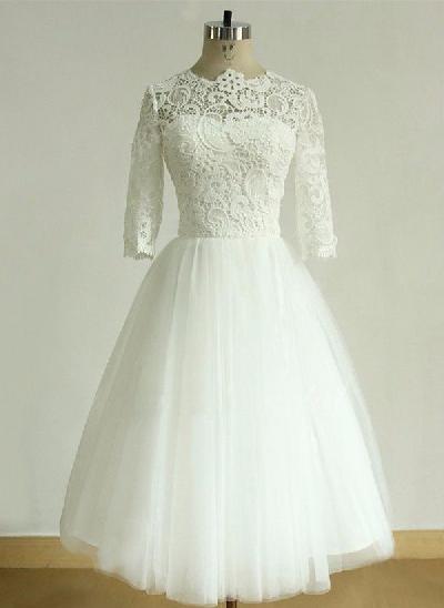 A-Line Illusion Neck 3/4 Sleeves Tulle Wedding Dresses With Appliques Lace