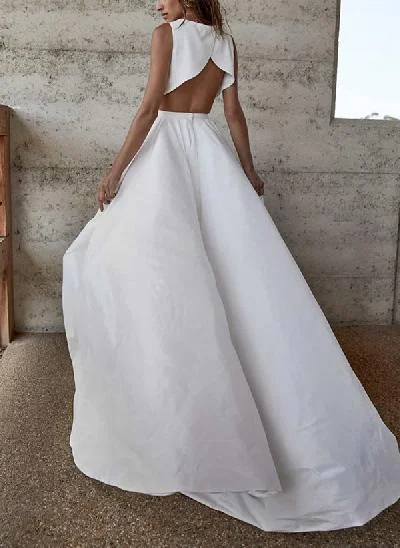 A-Line Scoop Neck Sleeveless Sweep Train Wedding Dresses With Split Front