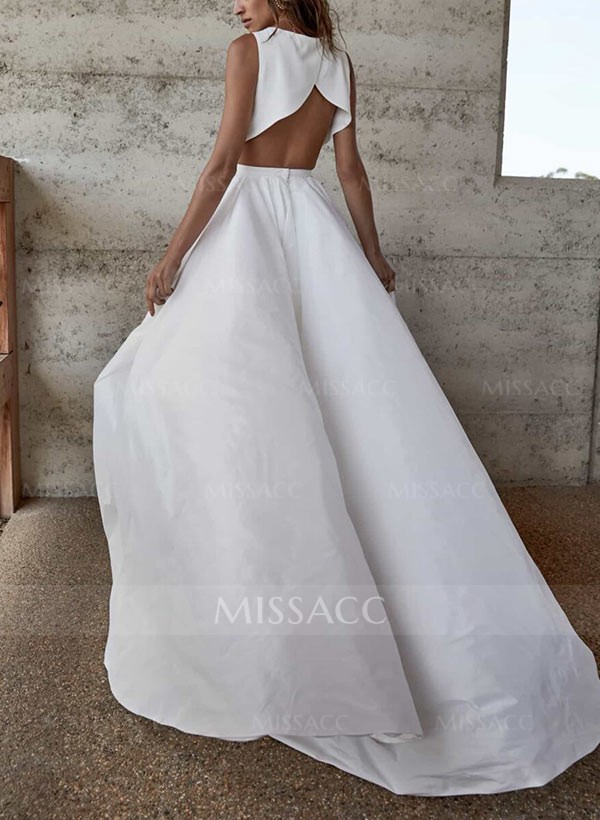 A-Line Scoop Neck Sleeveless Sweep Train Wedding Dresses With Split Front