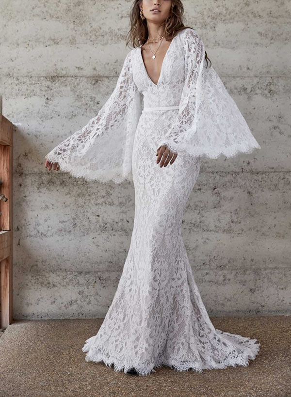 Mermaid V-Neck Long Sleeves Sweep Train Lace Wedding Dresses