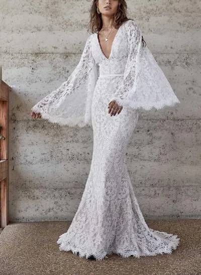 Mermaid V-Neck Long Sleeves Sweep Train Lace Wedding Dresses