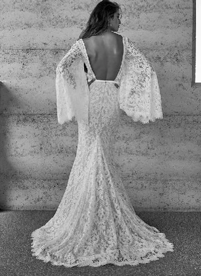 Mermaid V-Neck Long Sleeves Sweep Train Lace Wedding Dresses