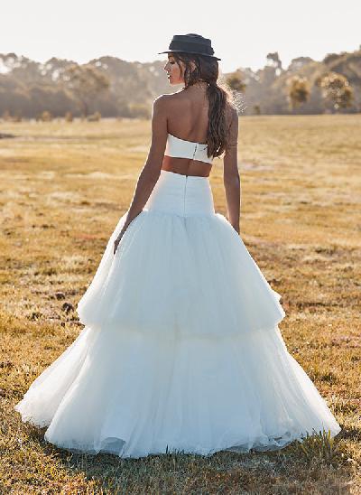 A-Line Strapless Sleeveless Floor-Length Tulle Wedding Dresses With Cascading Ruffles