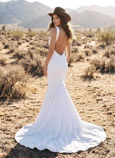 Mermaid Square Neckline Sleeveless Sweep Train Elastic Satin Wedding Dresses