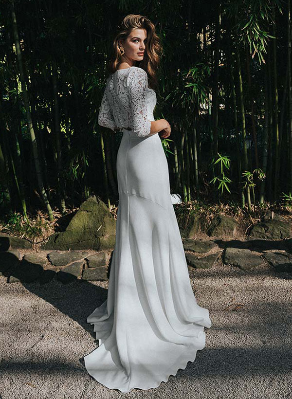 Sheath V-Neck 1/2 Sleeves Floor-Length Lace Wedding Dresses With Split Front