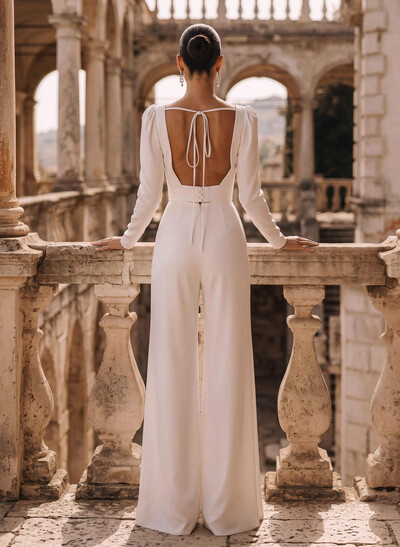 Square Neckline Long Sleeves Floor-Length Wedding Jumpsuit