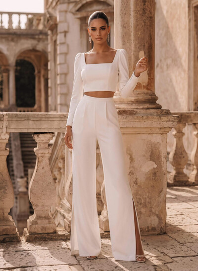 Square Neckline Long Sleeves Floor-Length Wedding Jumpsuit
