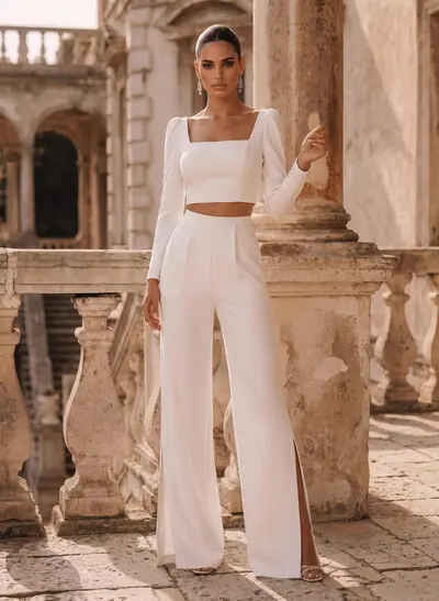 Square Neckline Long Sleeves Floor-Length Wedding Jumpsuit
