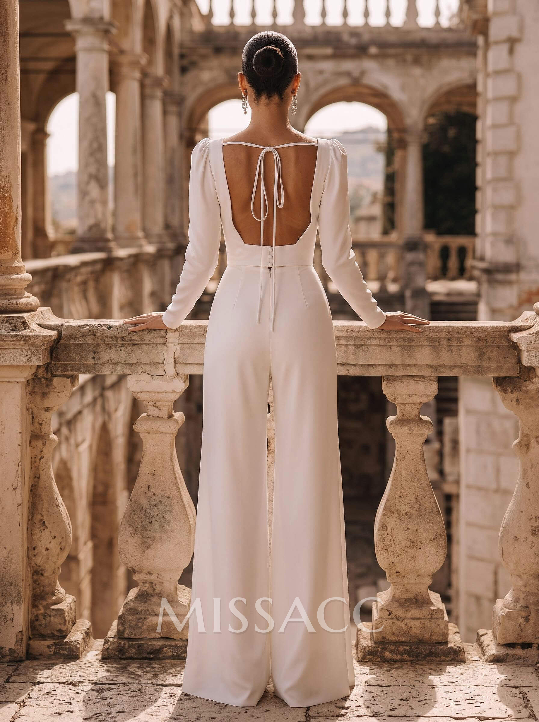 Square Neckline Long Sleeves Floor-Length Wedding Jumpsuit