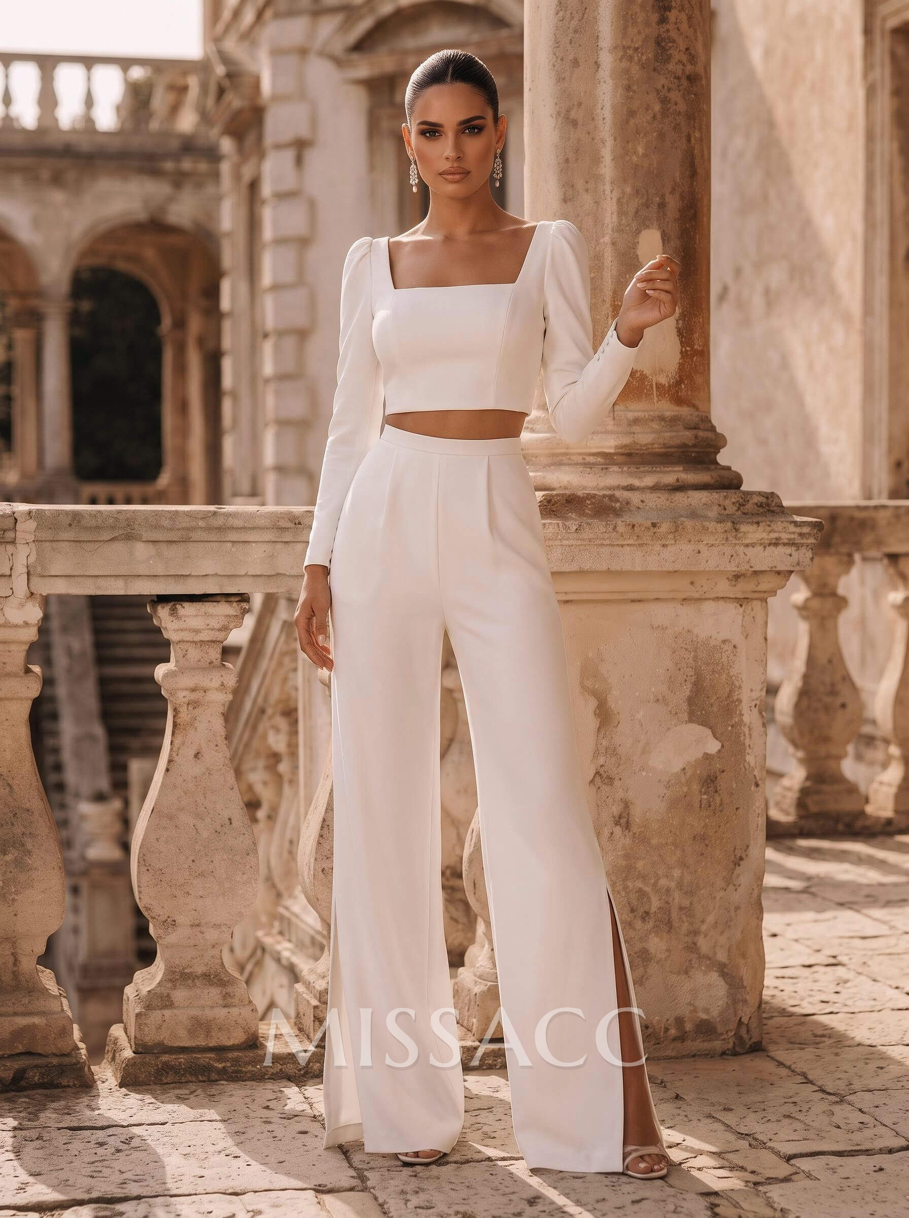Square Neckline Long Sleeves Floor-Length Wedding Jumpsuit