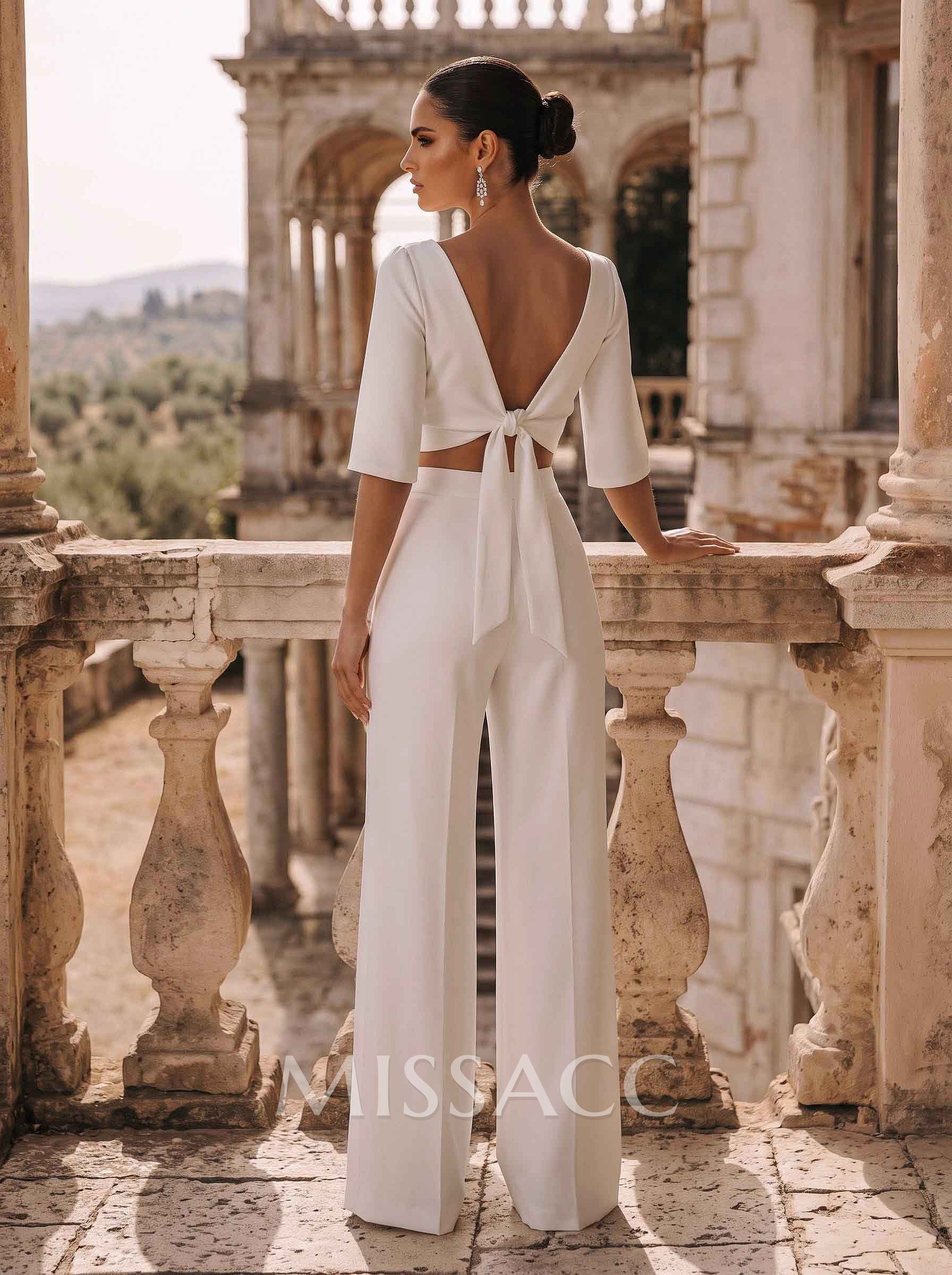Square Neckline 1/2 Sleeves Floor-Length Wedding Dress