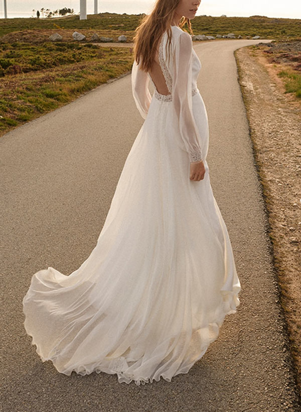 A-Line V-Neck Long Sleeves Sweep Train Chiffon Wedding Dresses With Lace