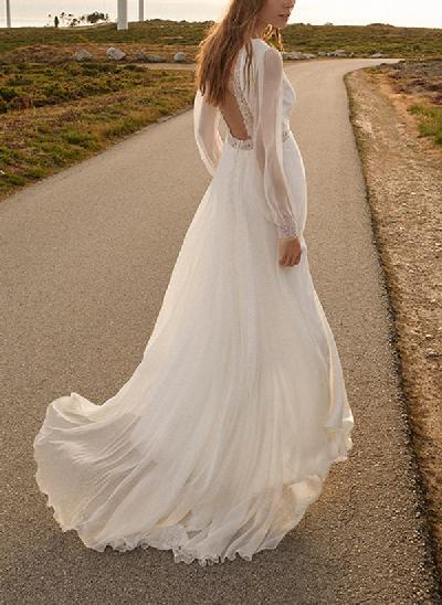 A-Line V-Neck Long Sleeves Sweep Train Chiffon Wedding Dresses With Lace