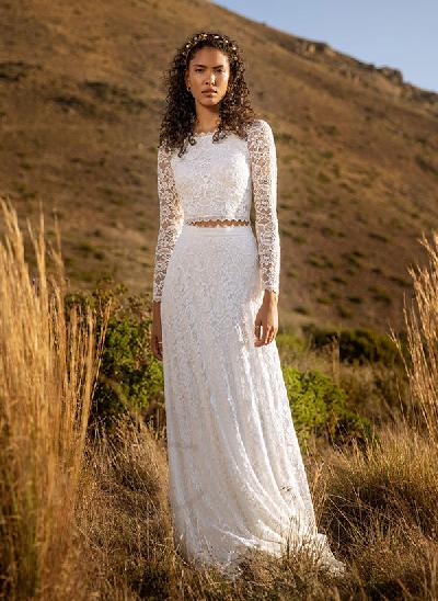 Sheath Scoop Neck Long Sleeves Sweep Train Lace Wedding Dresses With Lace