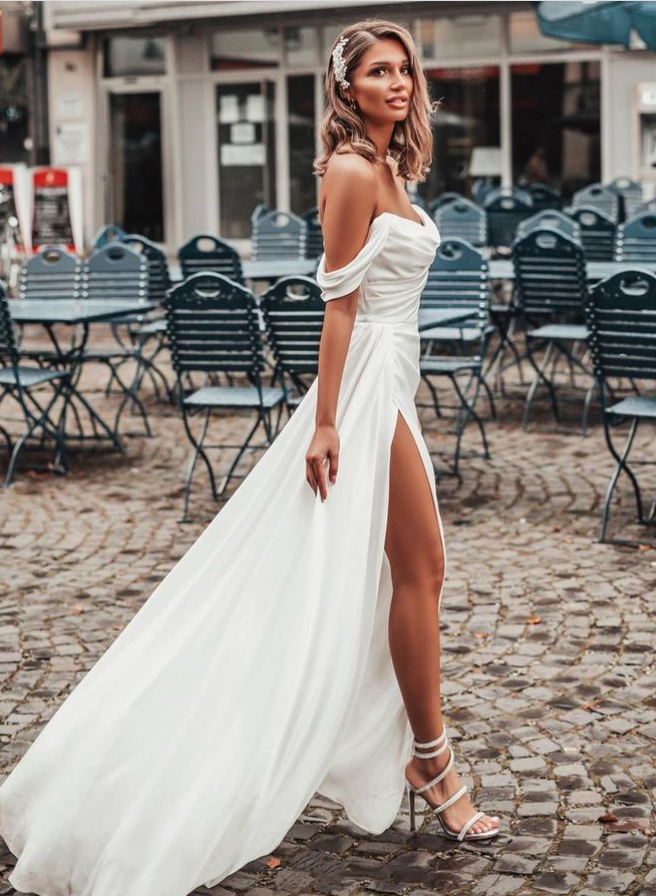 Minimalist Off-The-Shoulder A-Line Satin Wedding Dresses With Split Front