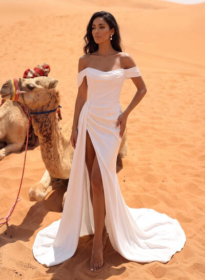 Minimalist Off-The-Shoulder A-Line Silk Like Satin Wedding Dresses With Split Front