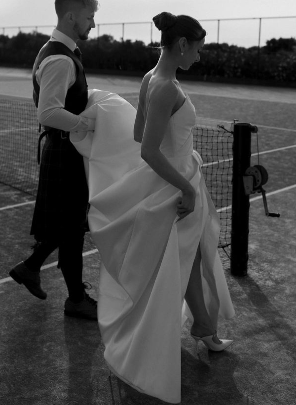 Strapless Satin A-Line Slit Wedding Dresses With Court Train