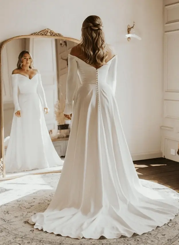 chinese dress ladies Modern Simple Silk Off Shoulder Long Sleeves Wedding Dress Danielle 2024 –  Boom Blush main image 0