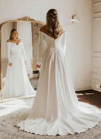 A-Line Off-The-Shoulder Long Sleeve Stretch Satin Wedding Dress With Court Train