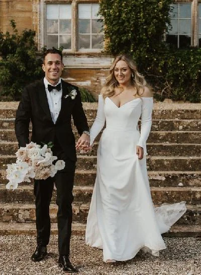 A-Line Off-The-Shoulder Long Sleeve Stretch Satin Wedding Dress With Court Train