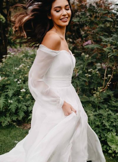 A-Line Off-The-Shoulder Long Sleeves Wedding Dresses With Chiffon Slit