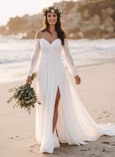 A-Line Off-The-Shoulder Long Sleeves Wedding Dresses With Chiffon Slit
