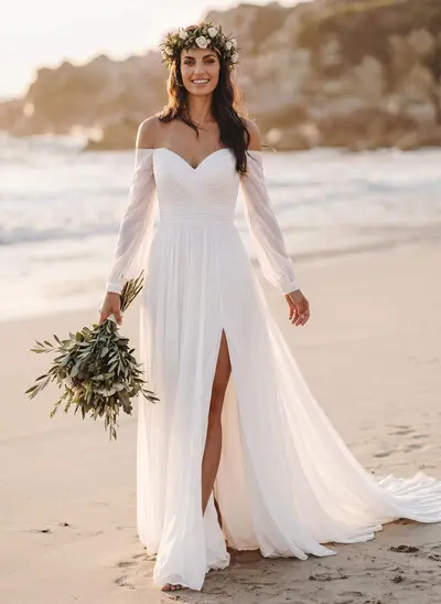 A-Line Off-The-Shoulder Long Sleeves Wedding Dresses With Chiffon Slit