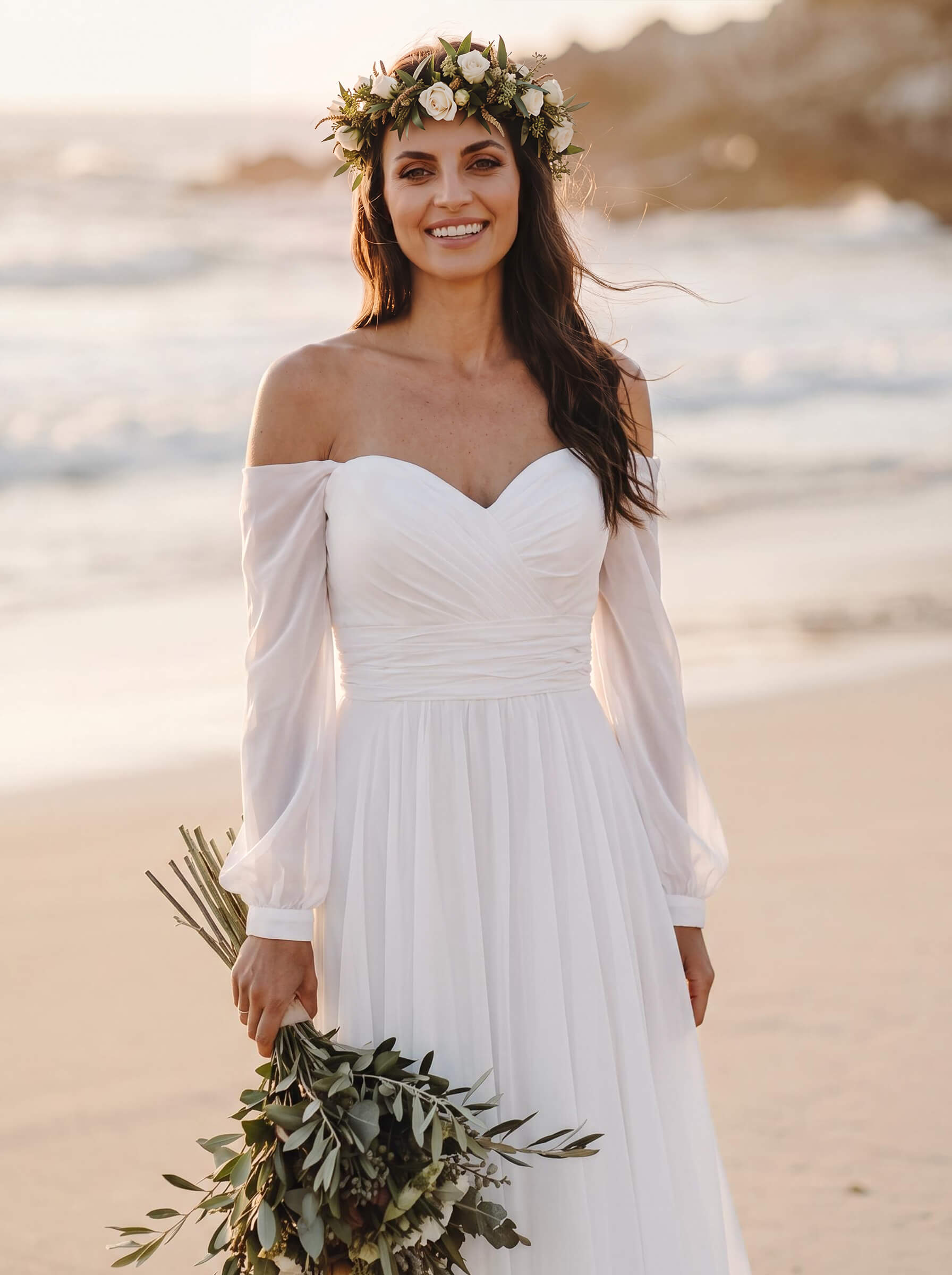 A-Line Off-The-Shoulder Long Sleeves Wedding Dresses With Chiffon Slit