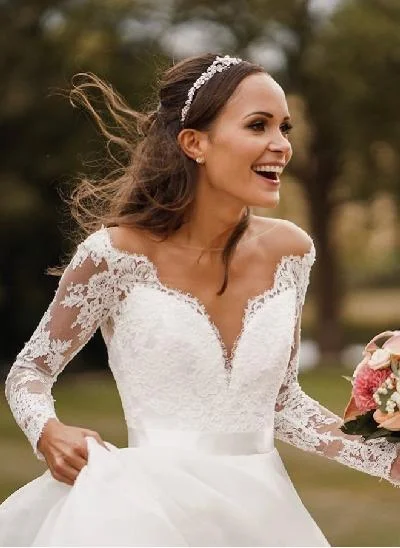 Boho Lace Long Sleeves Princess Wedding Dresses