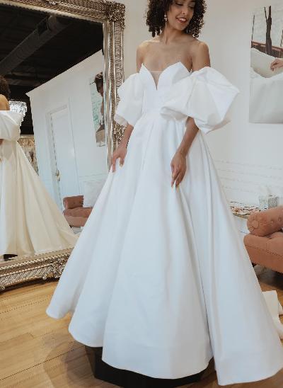 Ball-Gown Sweetheart Satin Wedding Dresses With Short Sleeves