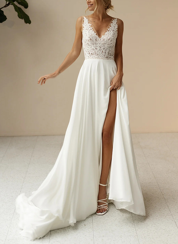 A-Line V-Neck Sleeveless Chiffon/Lace Beach Wedding Dresses With Split Front