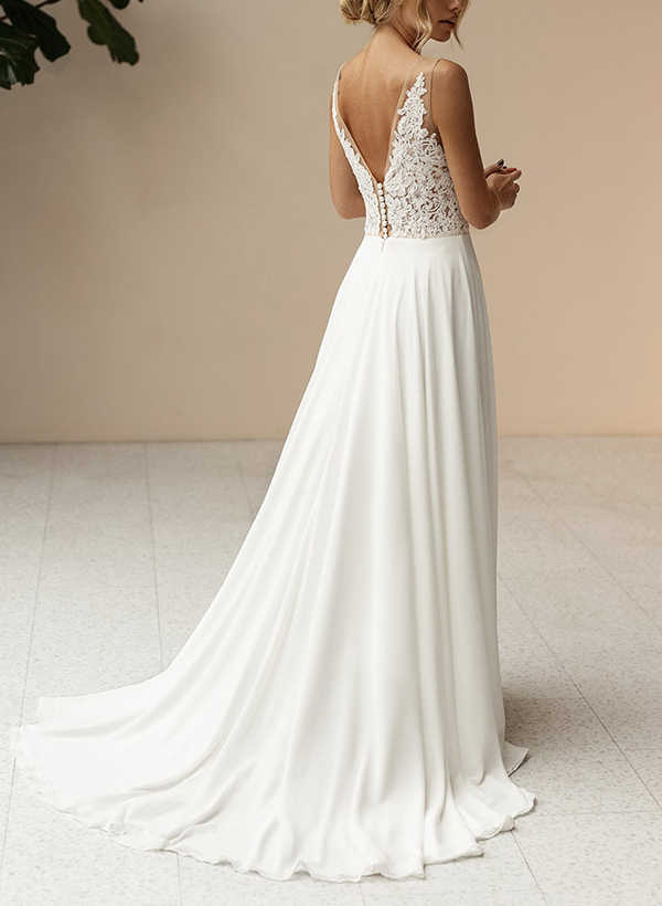 A-Line V-Neck Sleeveless Chiffon/Lace Beach Wedding Dresses With Split Front
