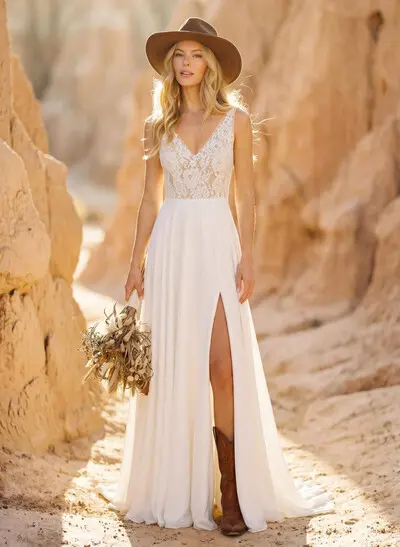 A-Line V-Neck Sleeveless Chiffon/Lace Beach Wedding Dresses With Split Front