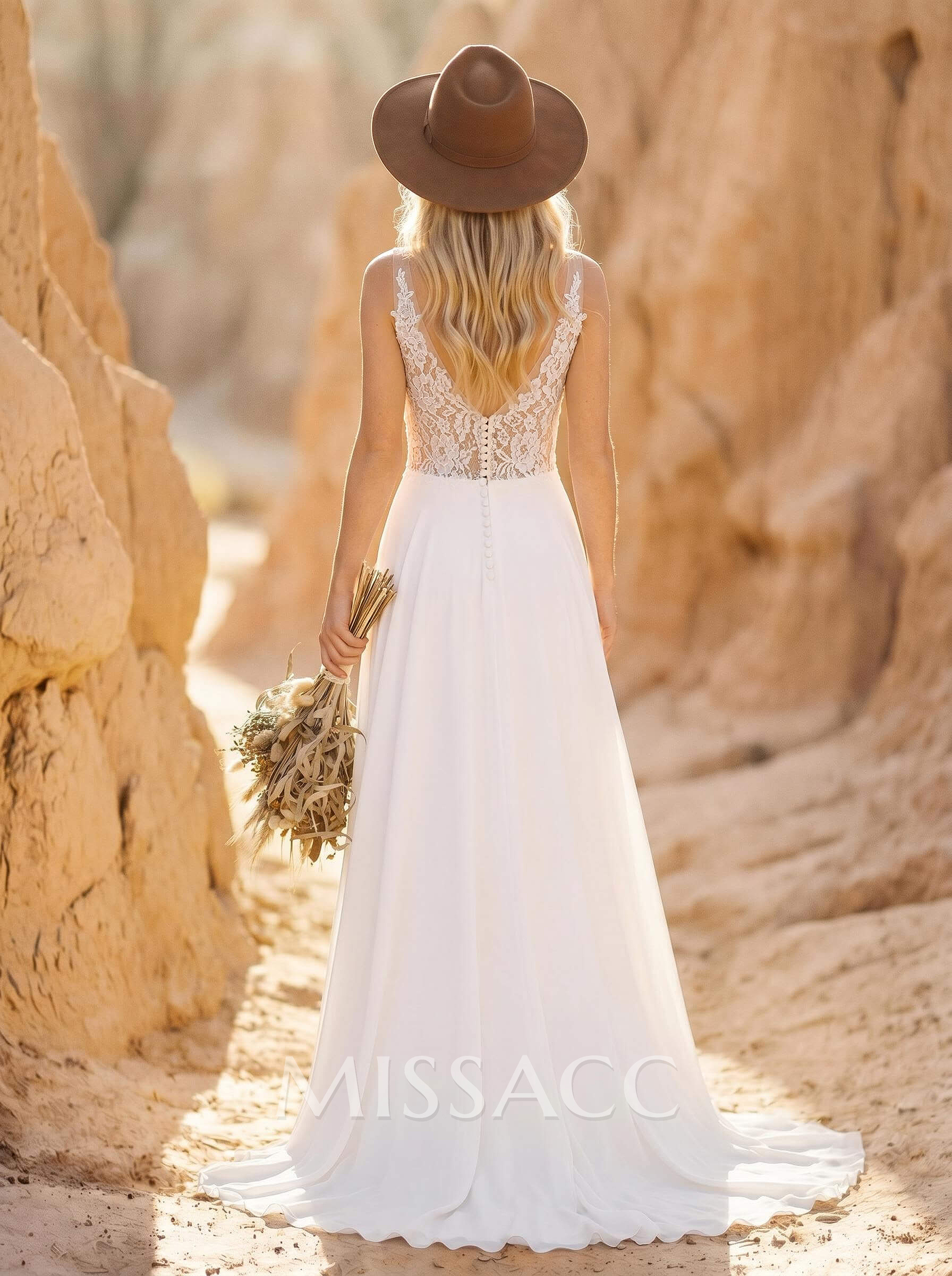 A-Line V-Neck Sleeveless Chiffon/Lace Beach Wedding Dresses With Split Front