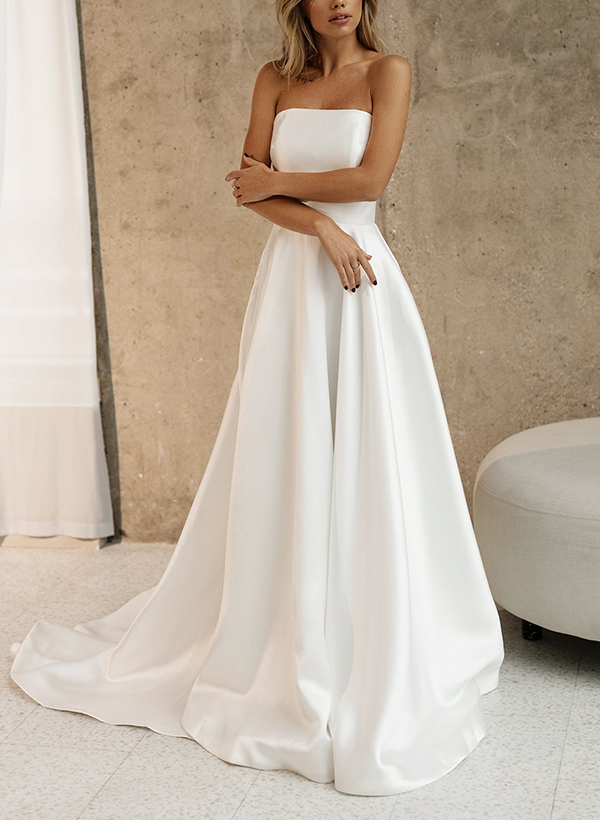 A-Line Strapless Sleeveless Sweep Train Elegant Satin Wedding Dresses